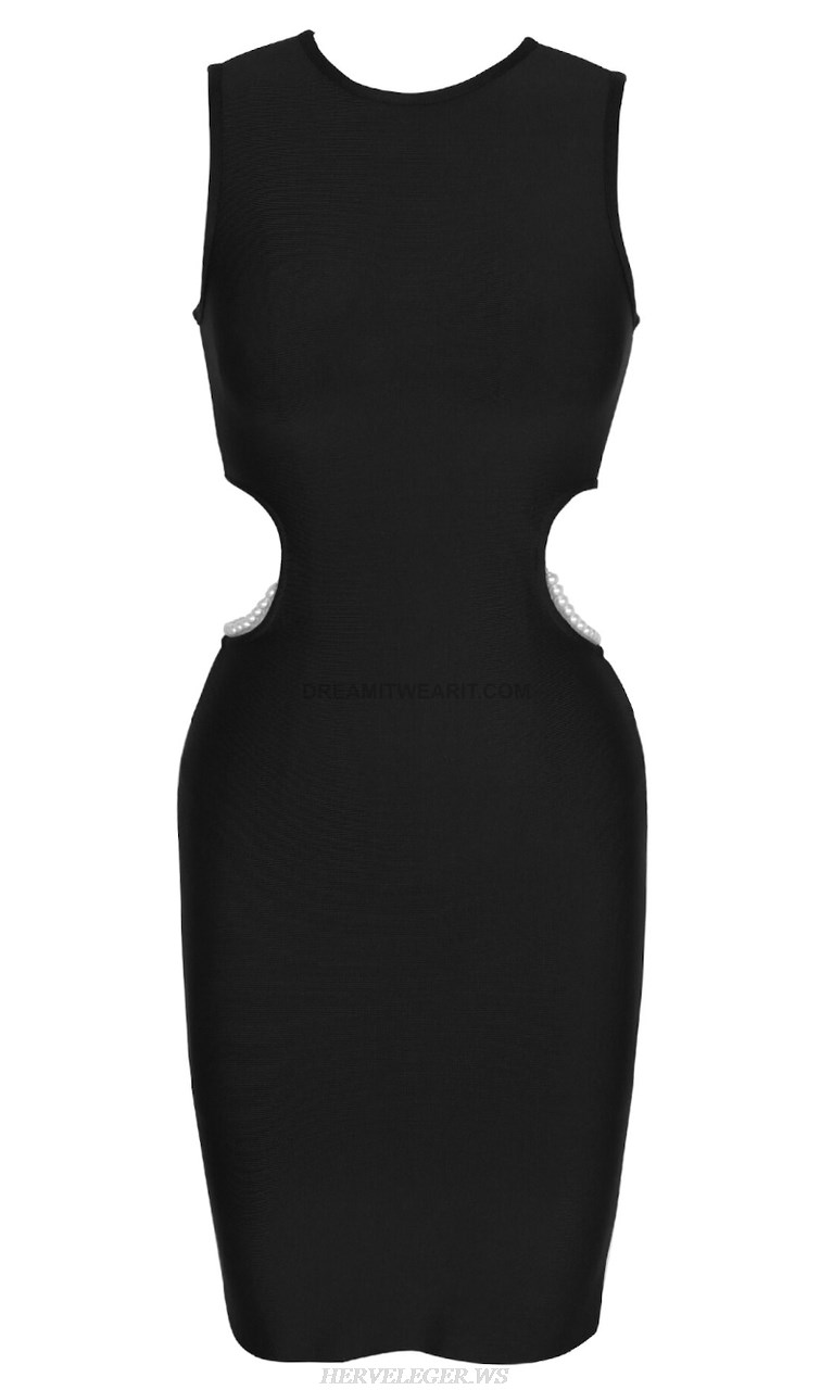 Herve Leger Black Side Cut Out Pearl Detail Dress