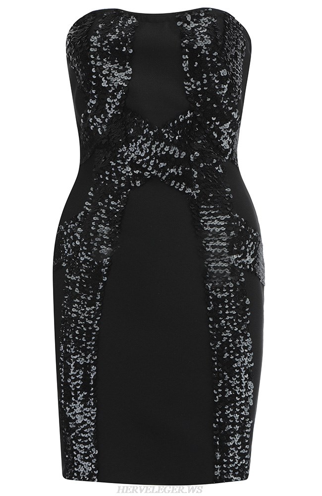 Herve Leger Black Strapless Sequin Dress