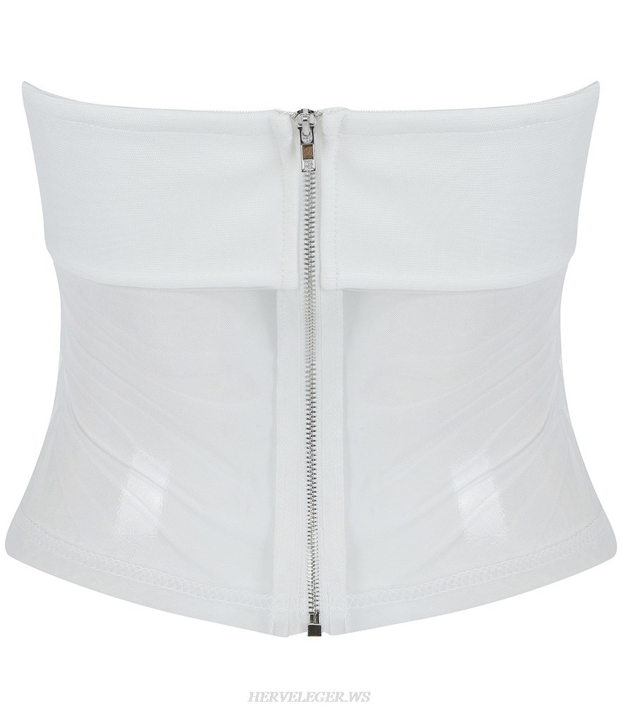 Herve Leger White Strapless Structured Mesh Crop Top