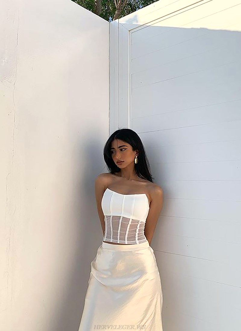 Herve Leger White Strapless Structured Mesh Crop Top