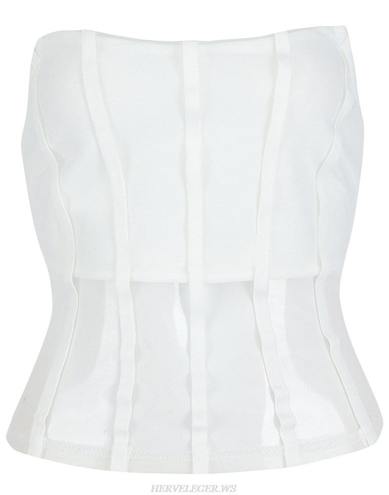 Herve Leger White Strapless Structured Mesh Crop Top