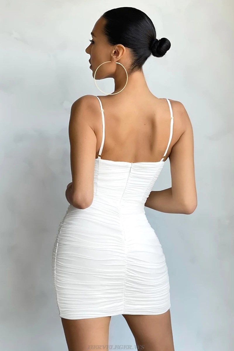 Herve Leger White Bustier Ruched Dress