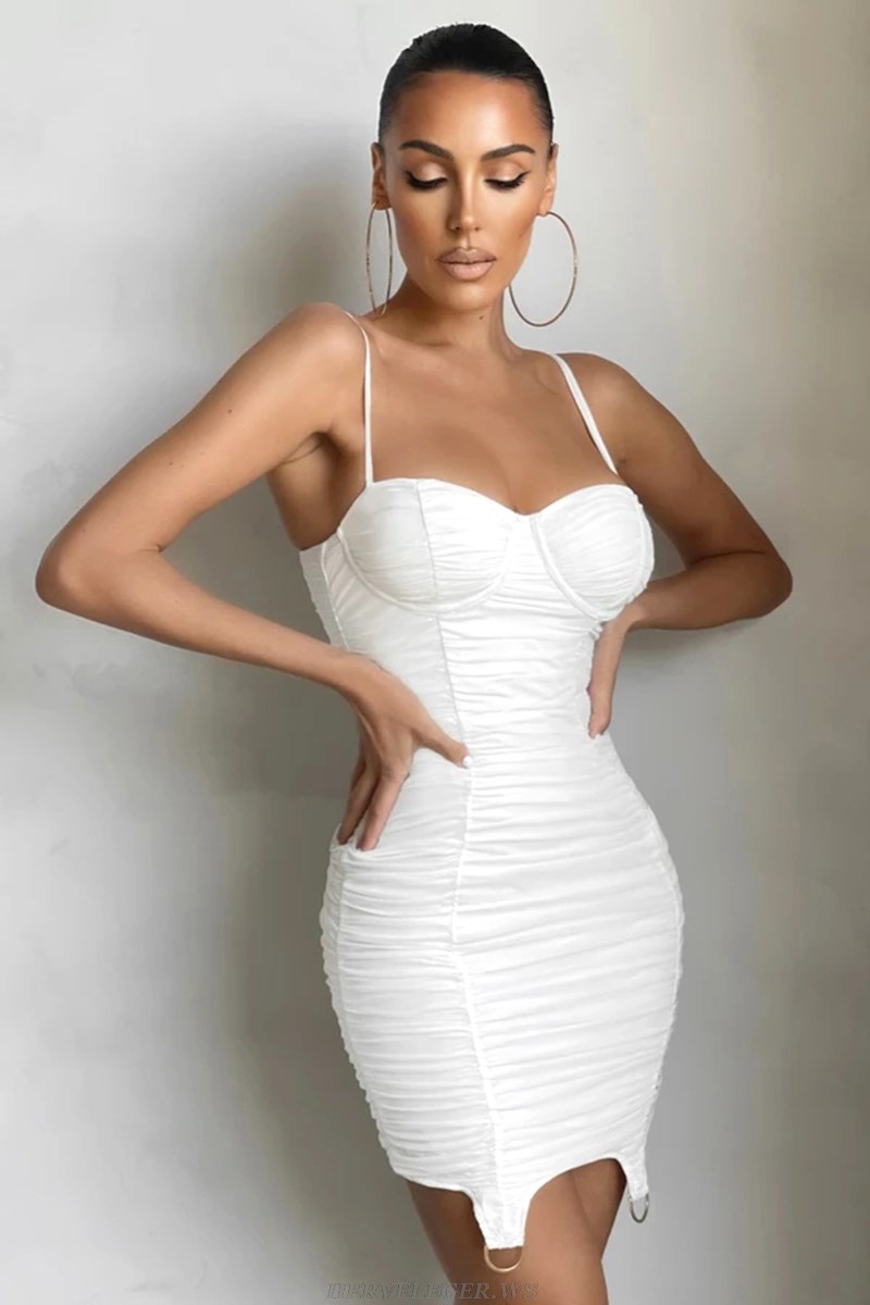 Herve Leger White Bustier Ruched Dress