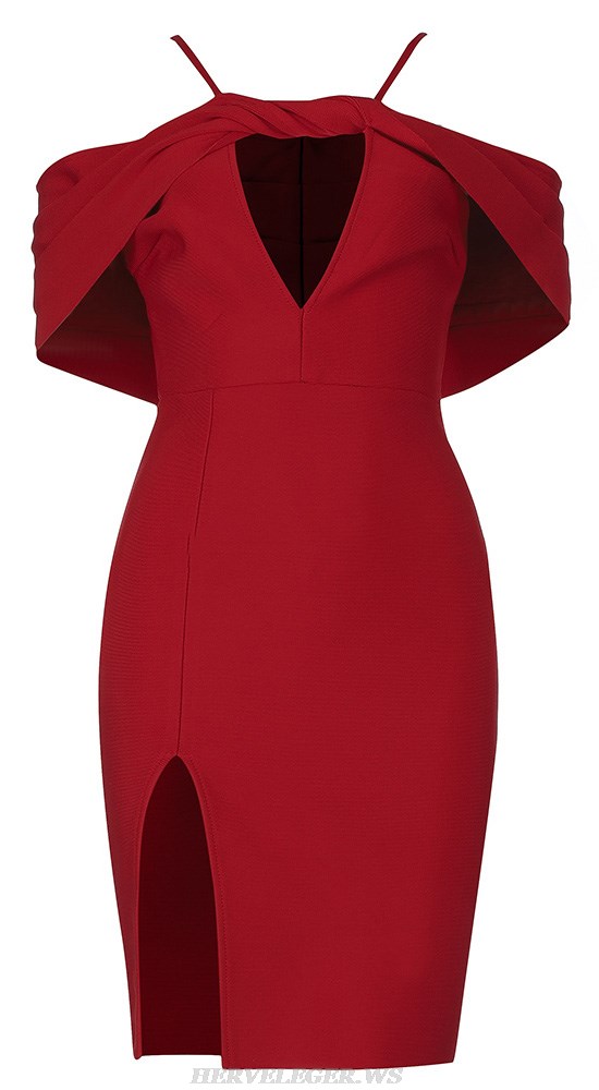 Herve Leger Red Draped Off Shoulder Dress