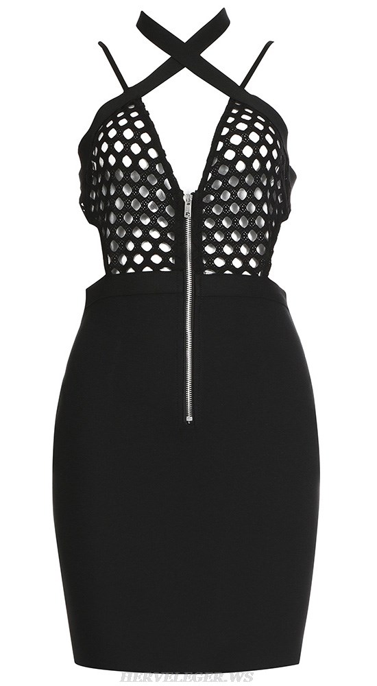 Herve Leger Black Halter Crochet Insert Dress