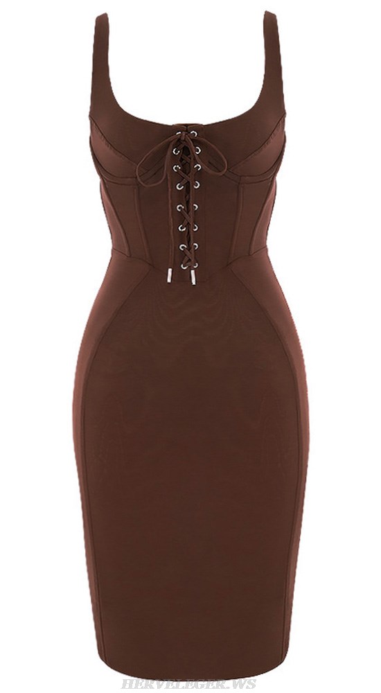 Herve Leger Brown Lace Up Bustier Corset Dress