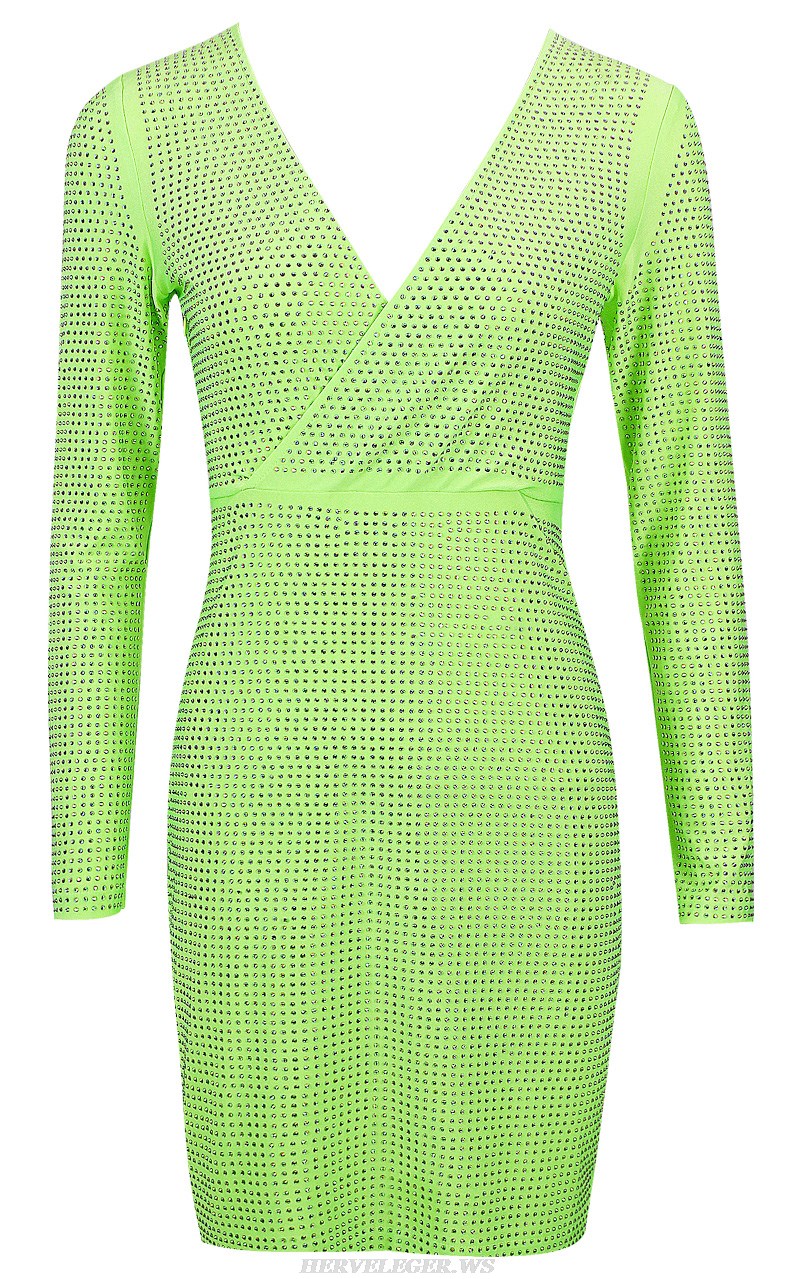 Herve Leger Neon Long Sleeve Embellished Dress