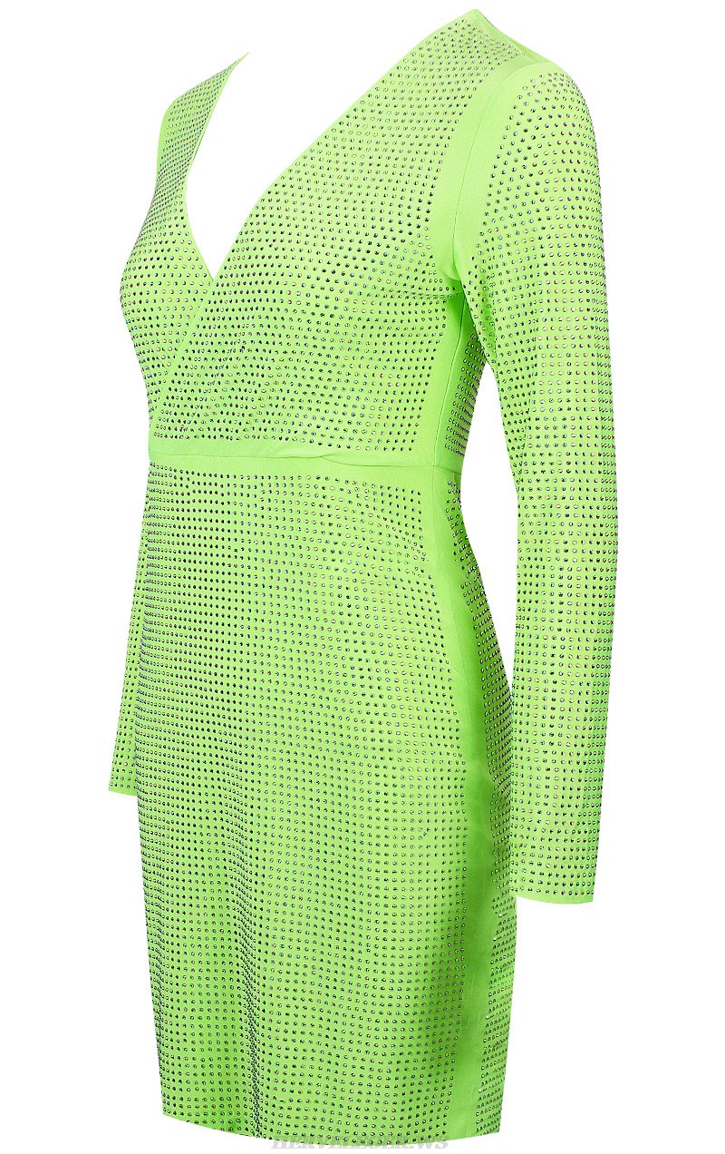 Herve Leger Neon Long Sleeve Embellished Dress