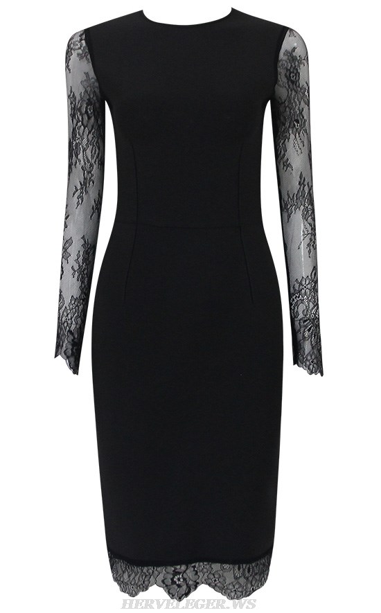 Herve Leger Black Long Sleeve Lace Backless Dress