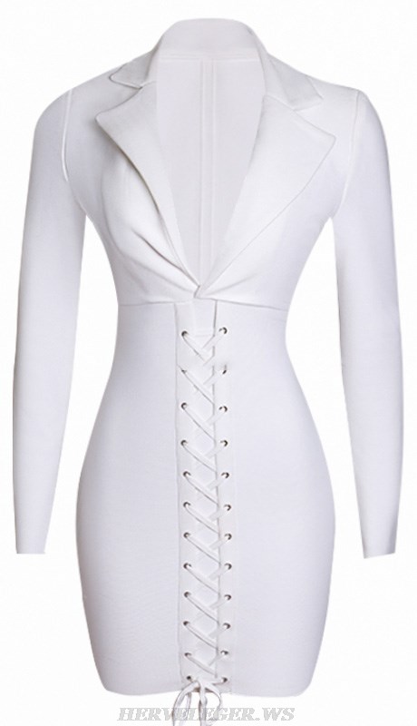 Herve Leger White Long Sleeve Lace Up Dress