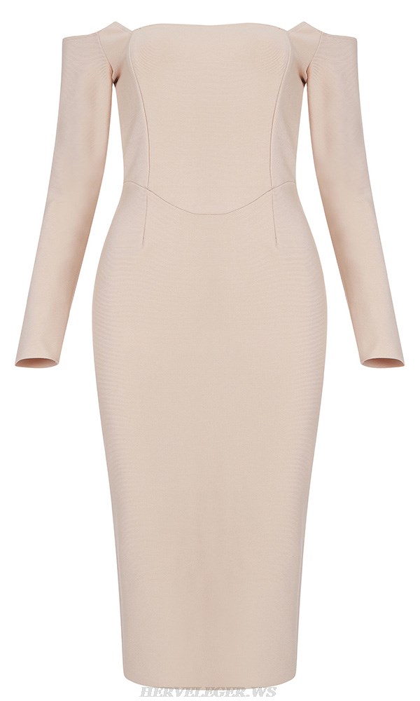 Herve Leger Nude Long Sleeve Off Shoulder Dress