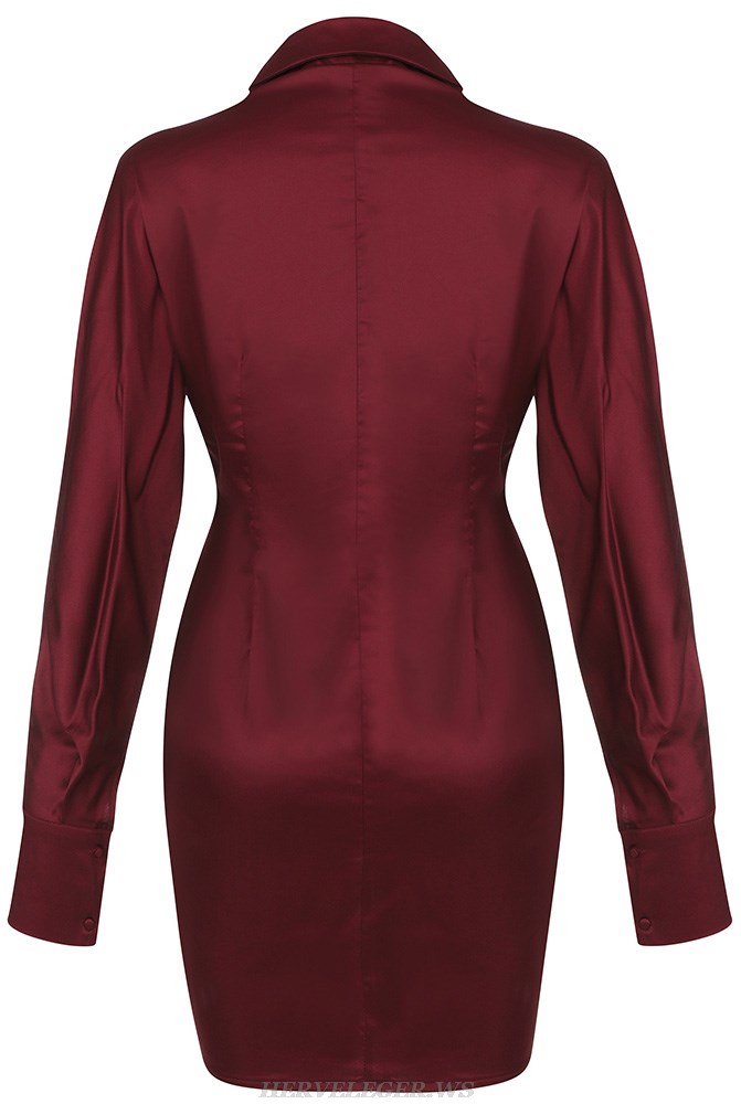 Herve Leger Burgundy Long Sleeve Silk Shirt Dress