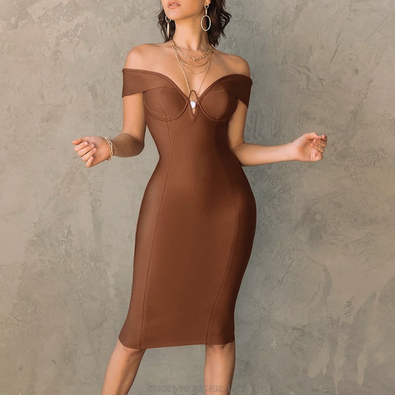 Herve Leger Brown Off Shoulder Bustier Dress