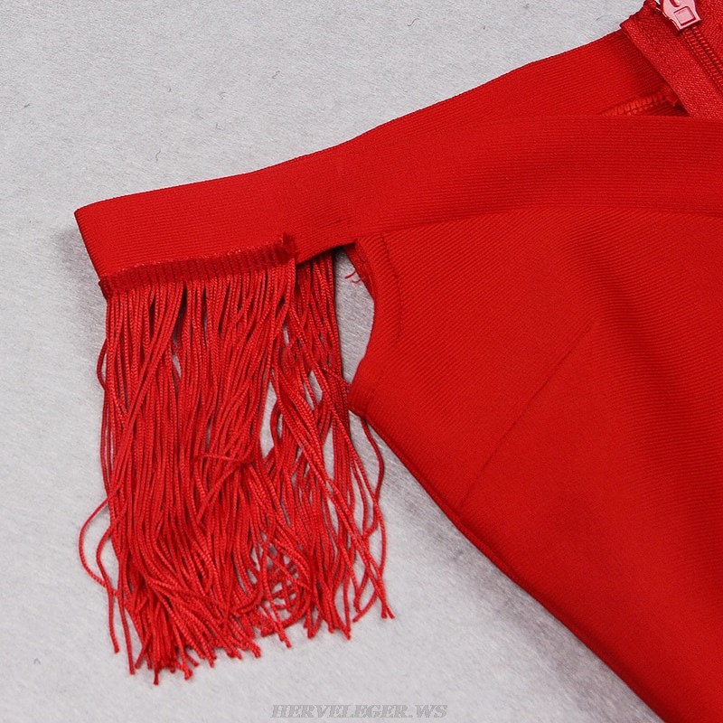 Herve Leger Red Off Shoulder Tassel Dress