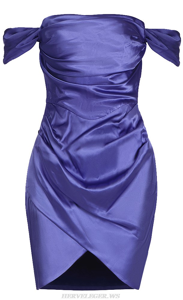 Herve Leger Indigo Off The Shoulder Draped Dress