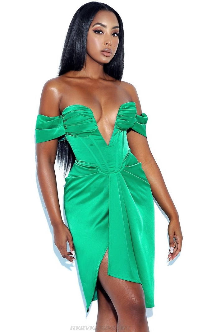 Herve Leger Green Off The Shoulder Draped Corset Dress