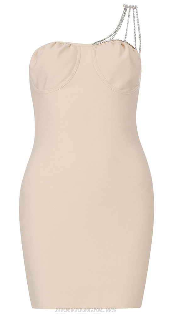 Herve Leger Nude One Shoulder Embellished Bustier Dress