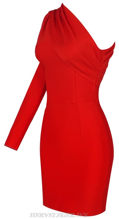 Herve Leger Red One Sleeve Draped Dress