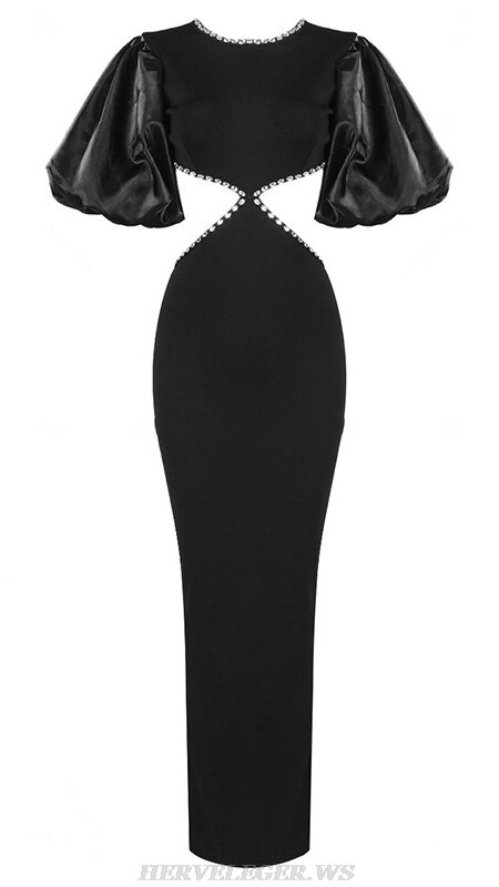 Herve Leger Black Puff Sleeve Embellished Gown