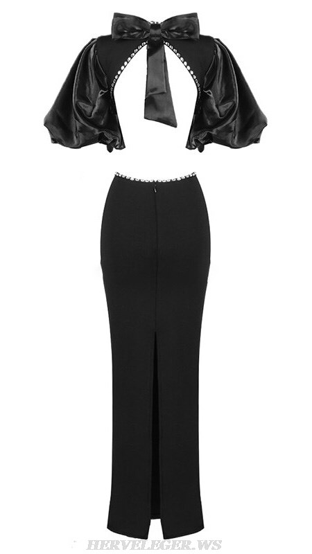 Herve Leger Black Puff Sleeve Embellished Gown