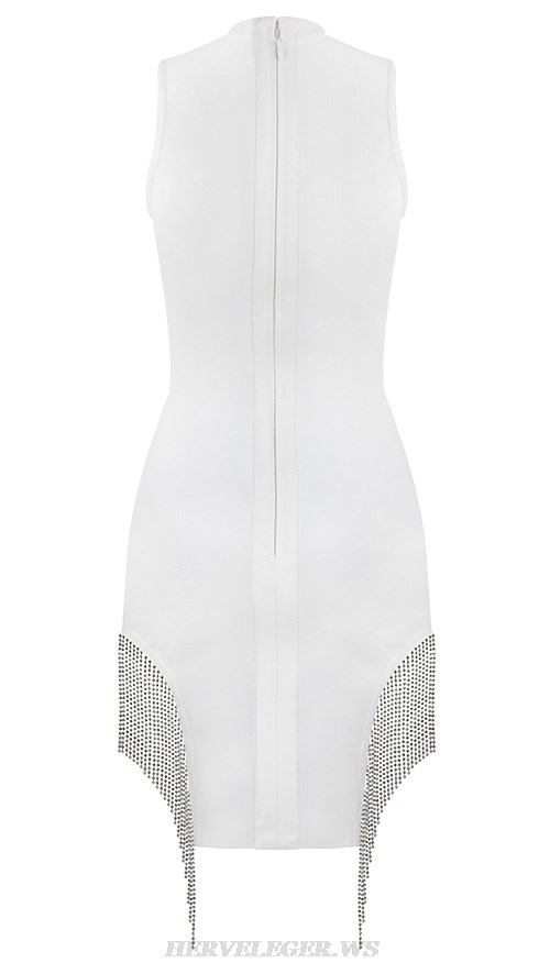 Herve Leger White Rhinestone Embellished Hem Dress