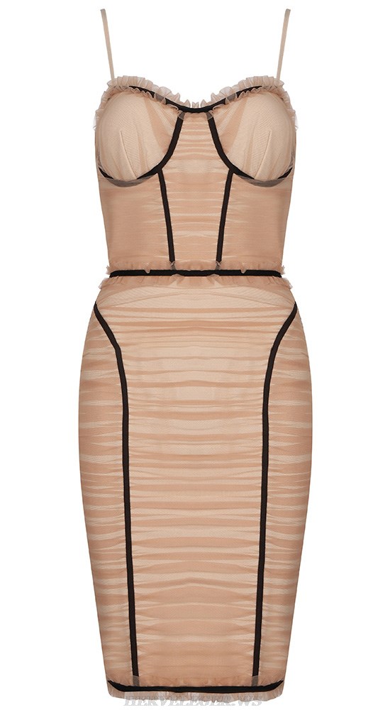 Herve Leger Caramel Black Ruched Mesh Bustier Dress