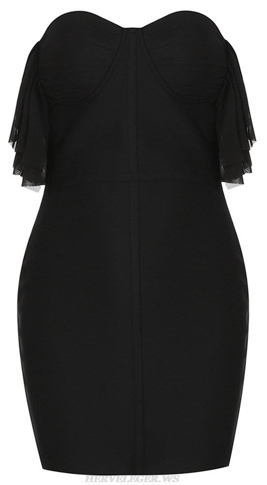 Herve Leger Black Strapless Bustier Ruffle Detail Dress