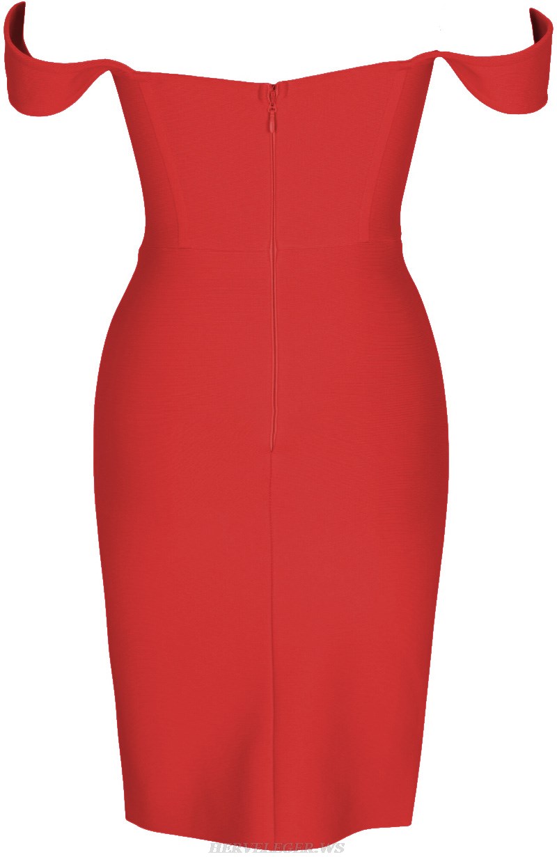 Herve Leger Red The Shoulder Bustier Draped Dress