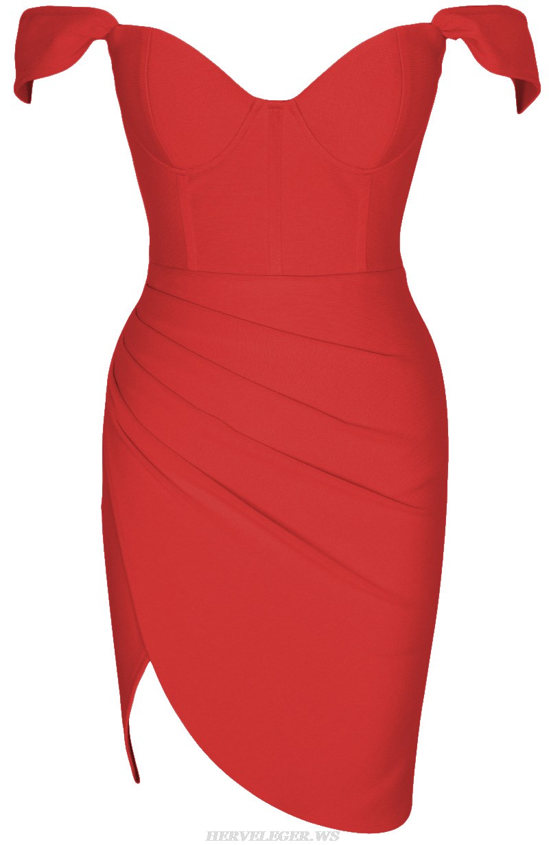 Herve Leger Red The Shoulder Bustier Draped Dress