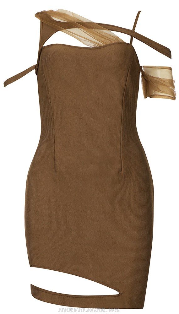 Herve Leger Brown Draped Mesh Asymmetric Dress