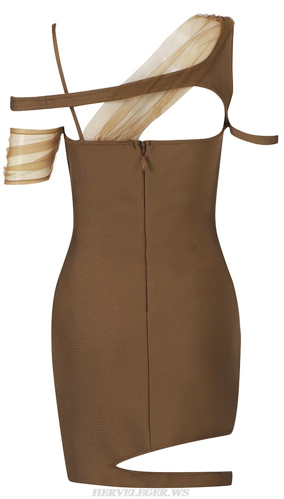 Herve Leger Brown Draped Mesh Asymmetric Dress