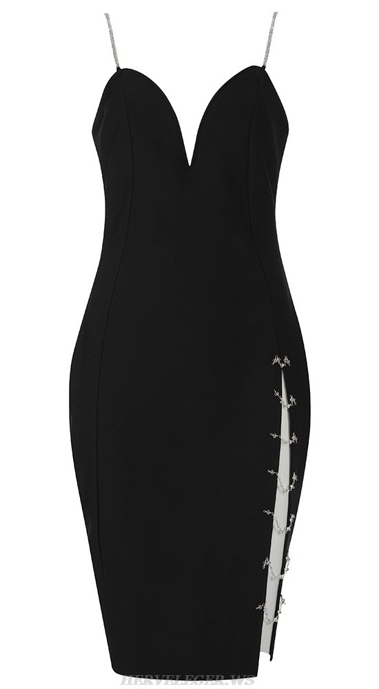 Herve Leger Black Embellished Straps Slit Dress