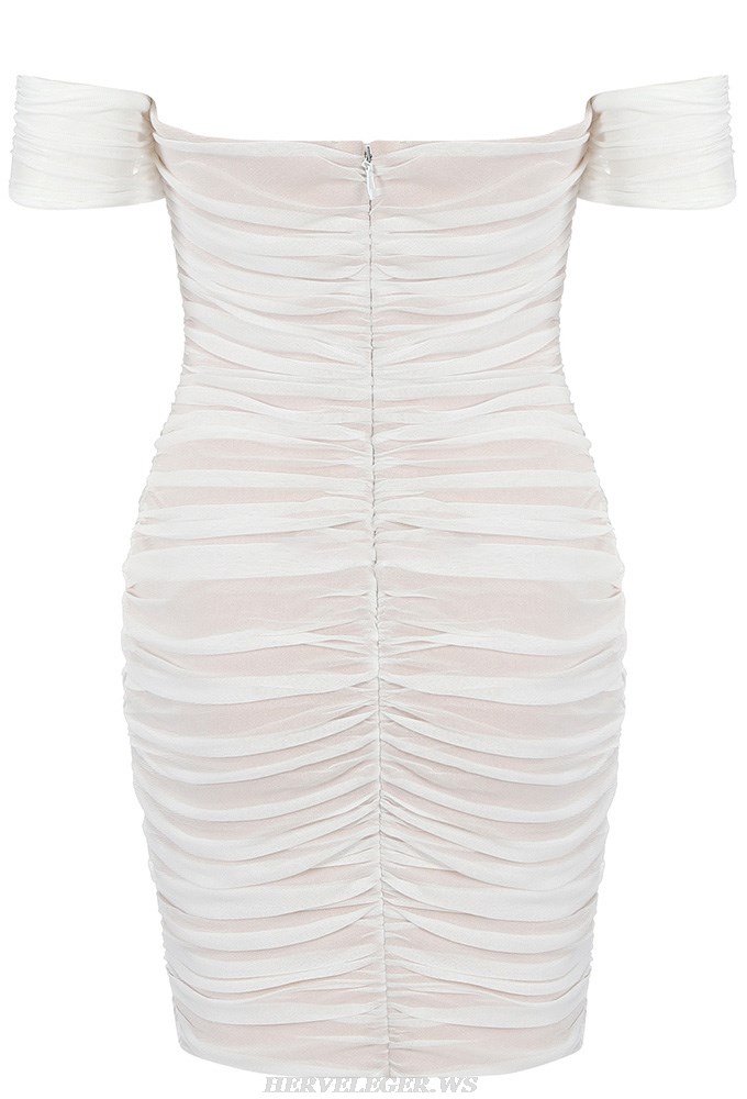 Herve Leger White Halter Bardot Draped Mesh Dress