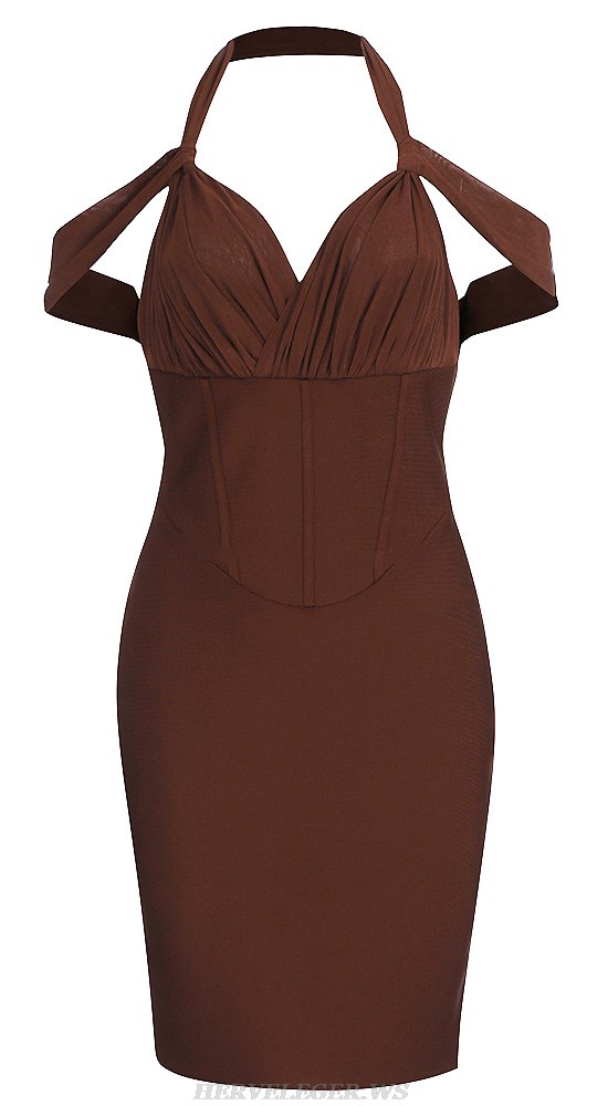 Herve Leger Brown Halter Off Shoulder Draped Corset Dress