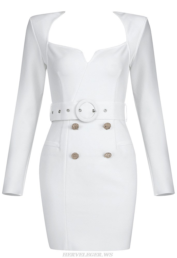 Herve Leger White Long Sleeve Belt Detail Dress