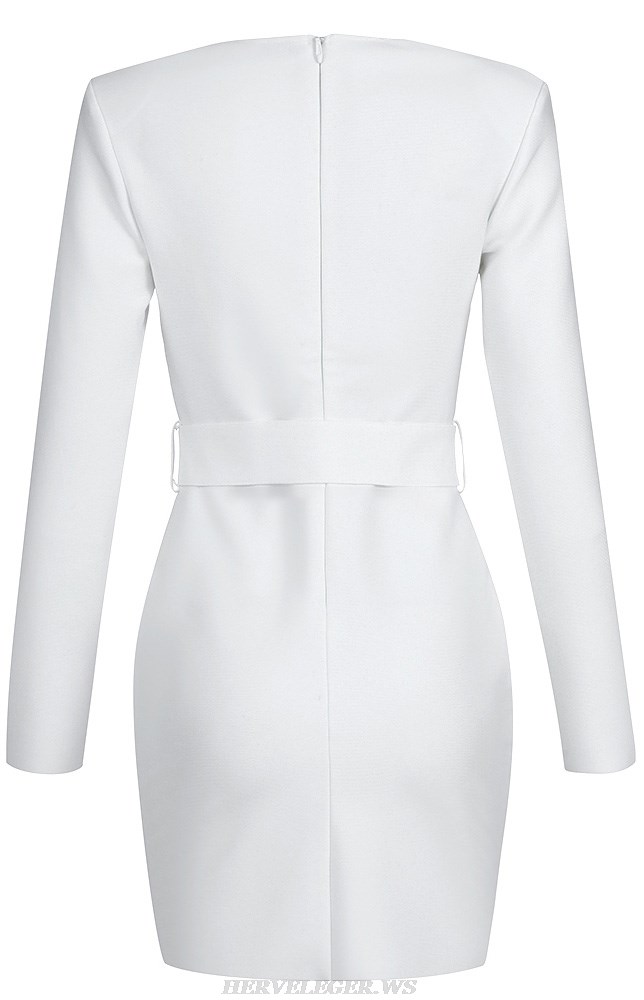 Herve Leger White Long Sleeve Belt Detail Dress