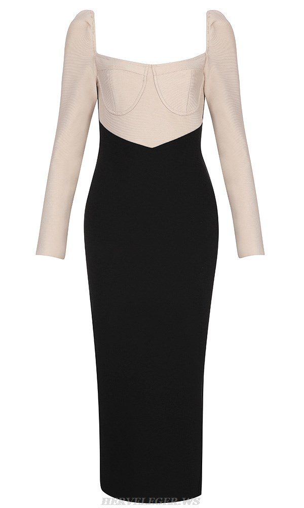 Herve Leger Nude Black Long Sleeve Bustier Dress