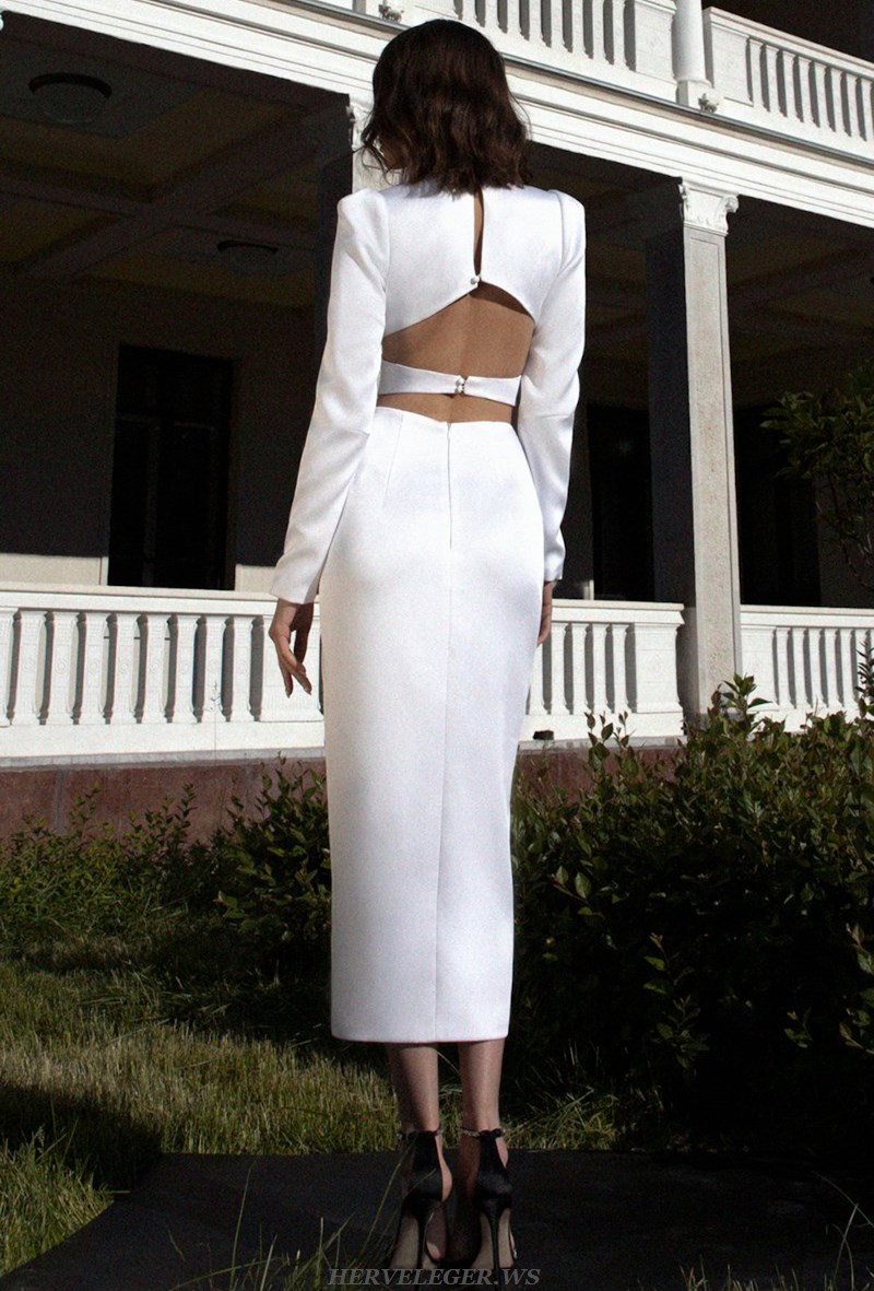 Herve Leger White Long Sleeve Button Dress