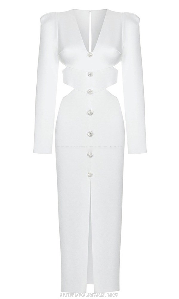 Herve Leger White Long Sleeve Button Dress