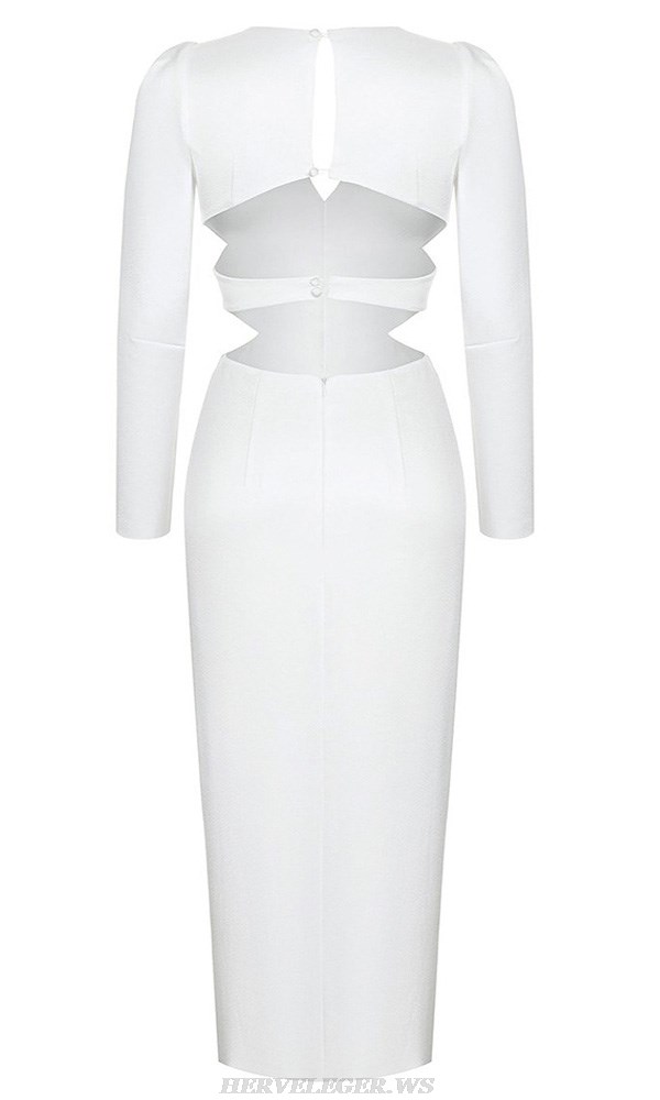 Herve Leger White Long Sleeve Button Dress