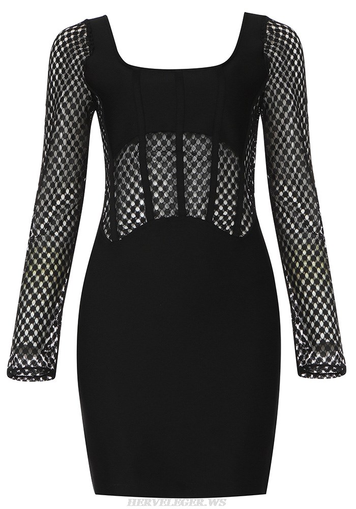 Herve Leger Black Long Sleeve Crochet Corset Dress