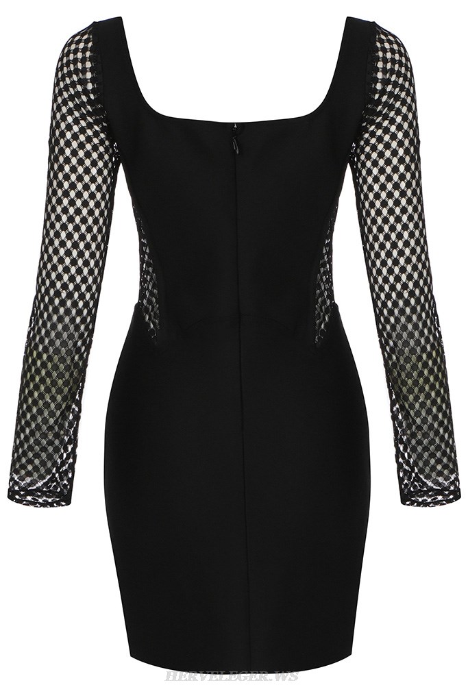 Herve Leger Black Long Sleeve Crochet Corset Dress