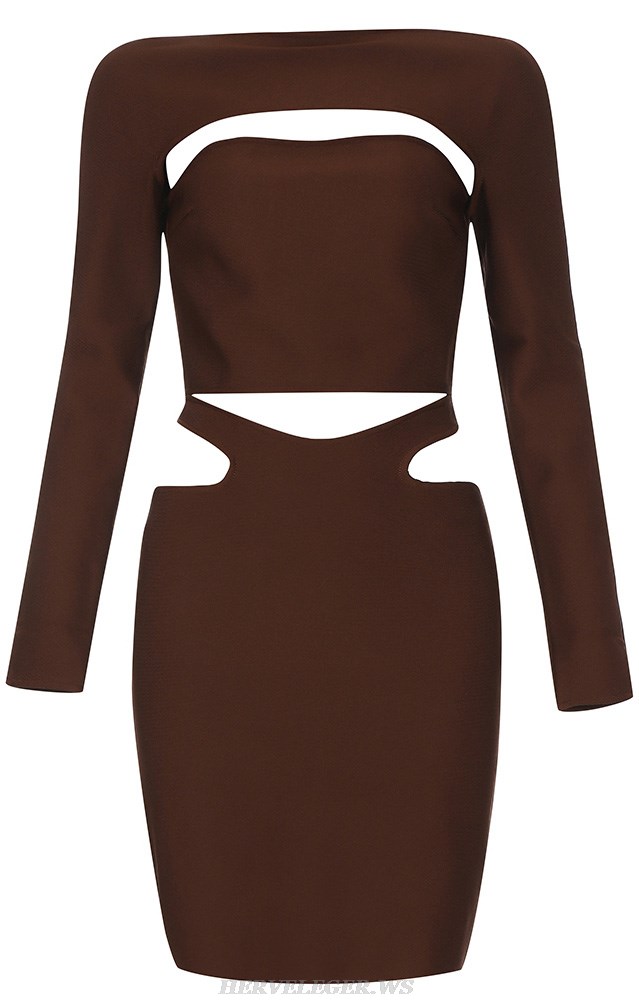 Herve Leger Brown Long Sleeve Cut Out Dress