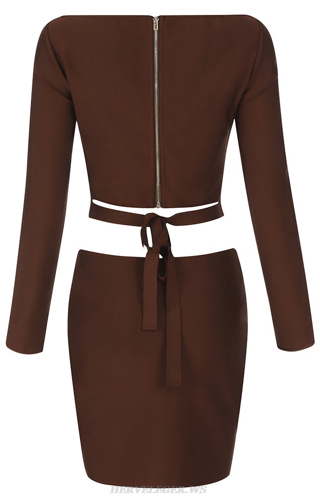 Herve Leger Brown Long Sleeve Cut Out Dress