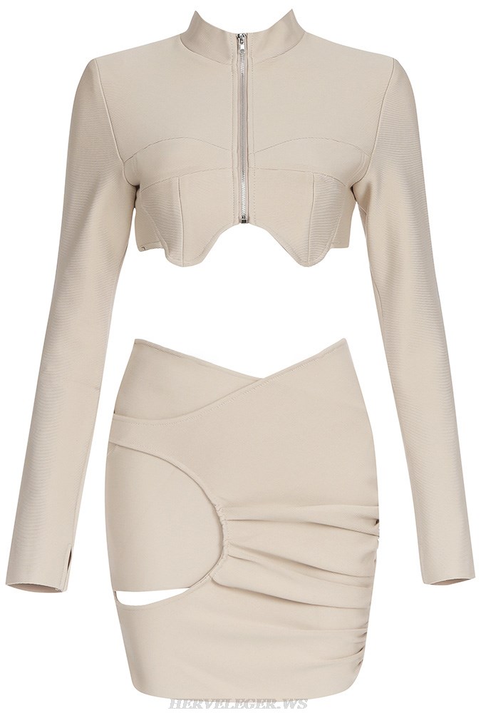 Herve Leger Nude Long Sleeve Draped Two Piece Dress