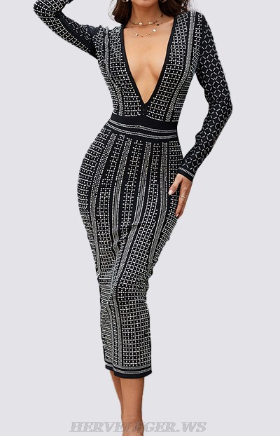 Herve Leger Black Long Sleeve Embellished Dress