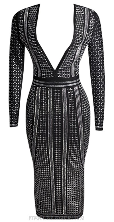 Herve Leger Black Long Sleeve Embellished Dress