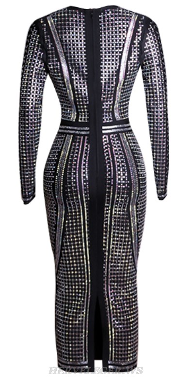 Herve Leger Black Long Sleeve Embellished Dress