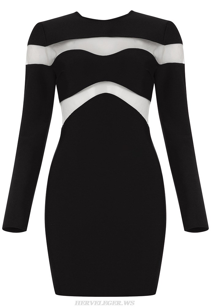 Herve Leger Black Long Sleeve Mesh Dress