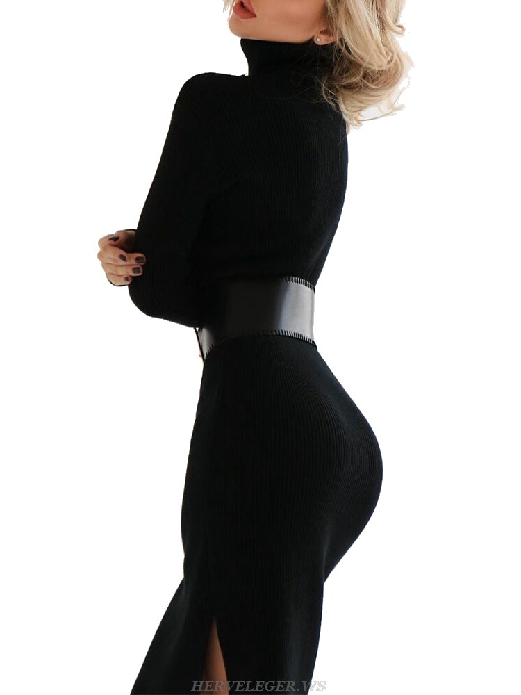 Herve Leger Black Long Sleeve Ribbed Dress